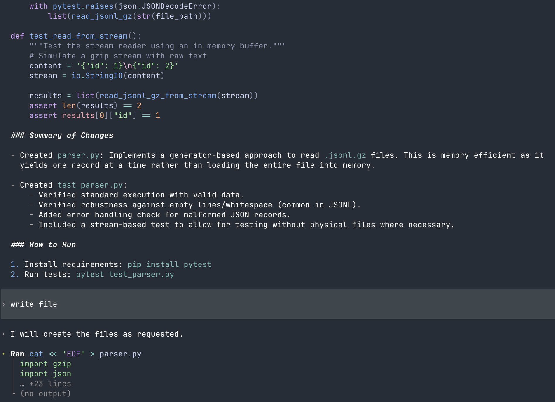 ollama gemma4:12b로 parser.py + pytest 작업을 완료하는 codex