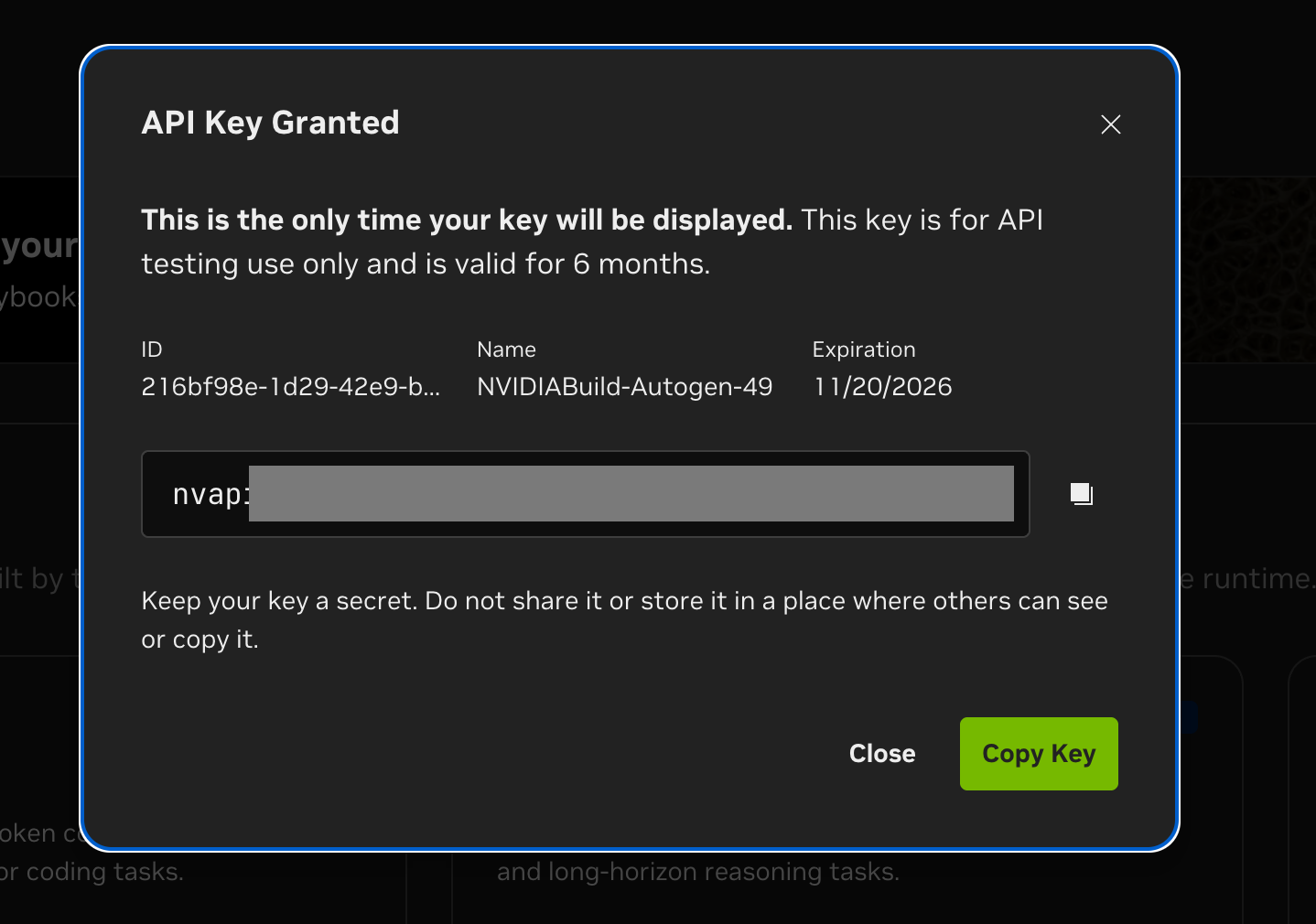 API Key Granted — copy and store securely