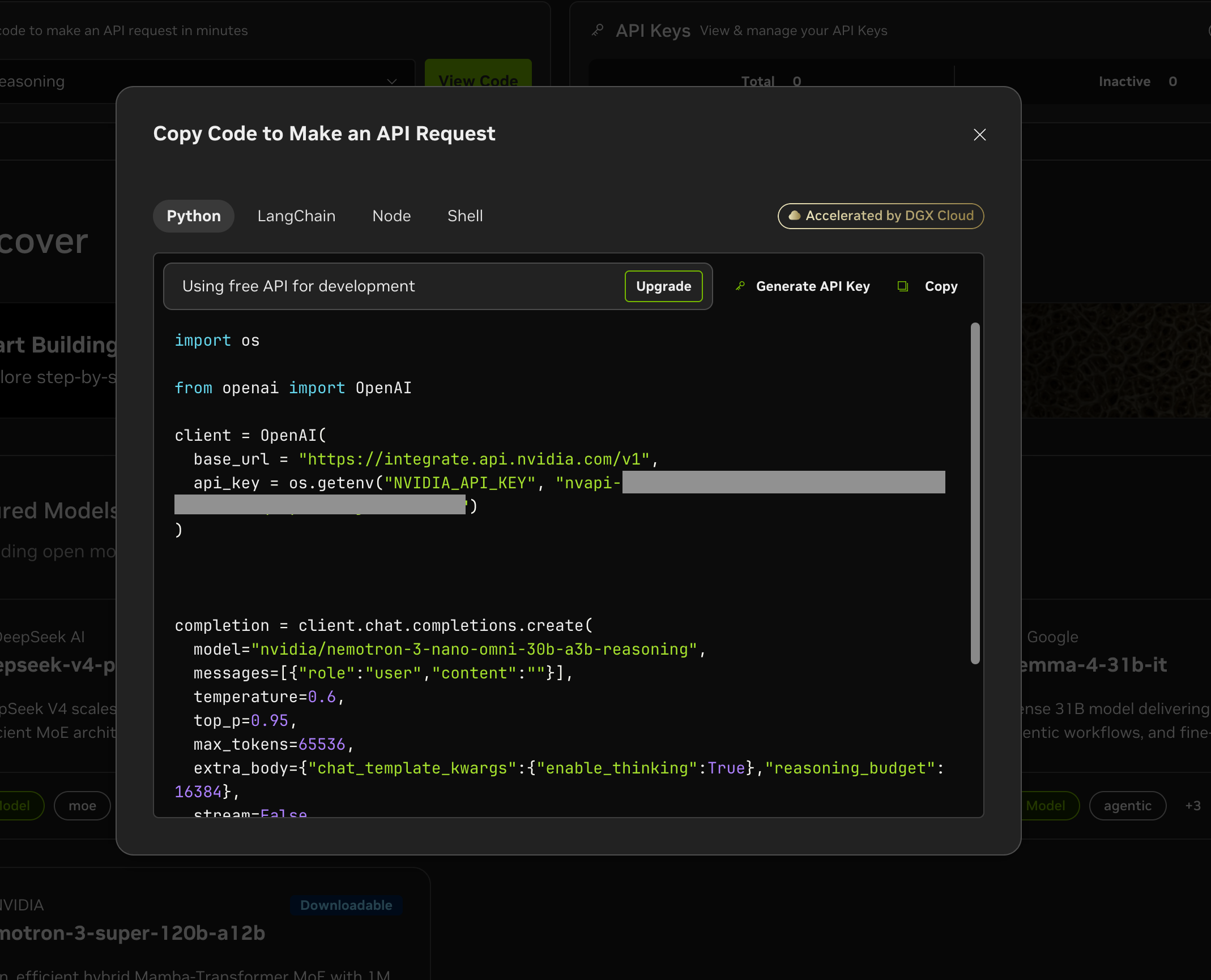 Quick Start code with Python, LangChain, Node, Shell tabs